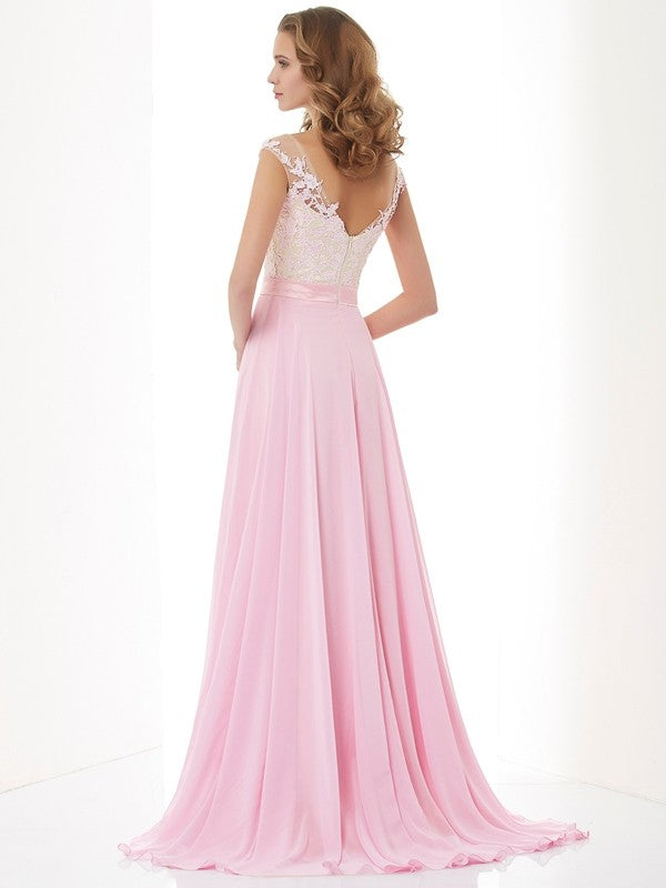 Vestidos largos de gasa con corte A/princesa, tirantes, apliques, sin mangas y cuentas